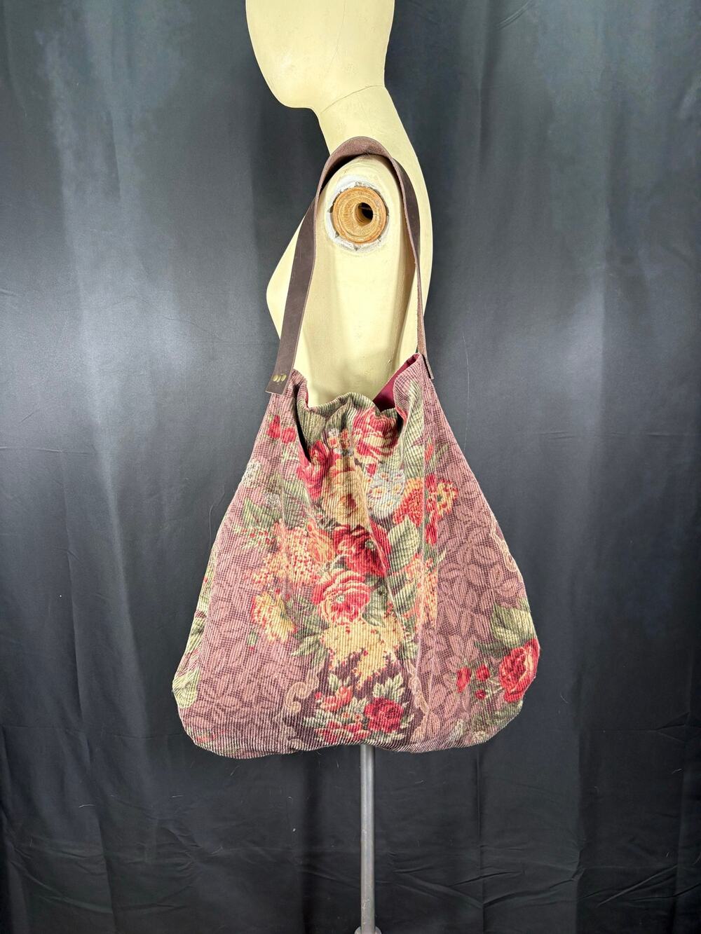 Handcrafted Large Hobo Bag Created with Vintage Fabric Corduroy Tapestry Print